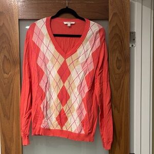 Vintage Liz Claiborne Coral Pink Argyle V-Neck Lightweight Sweater
